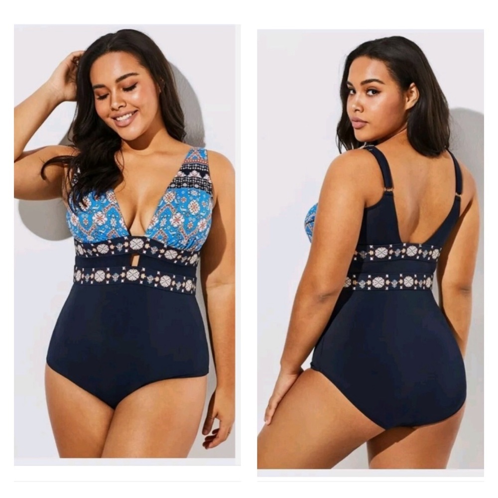 NWT Meet.Curve Women's Printed Cut Out One‎ Piece Swimsuit SZ 2XL Black Blue